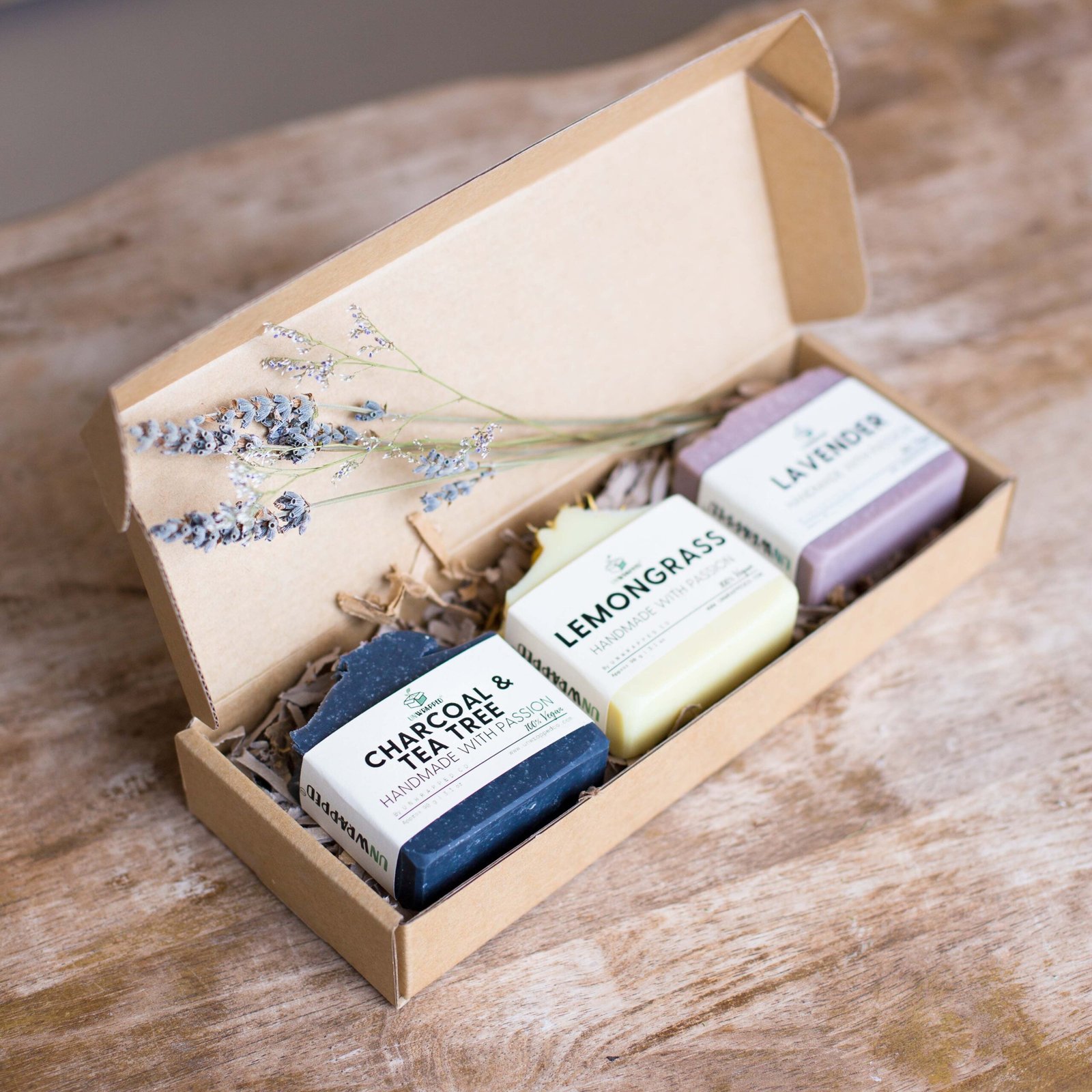 Unwrapped set of three soap bars