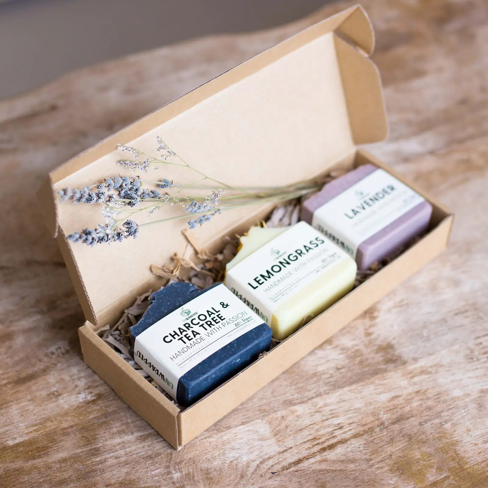 Unwrapped set of three soap bars