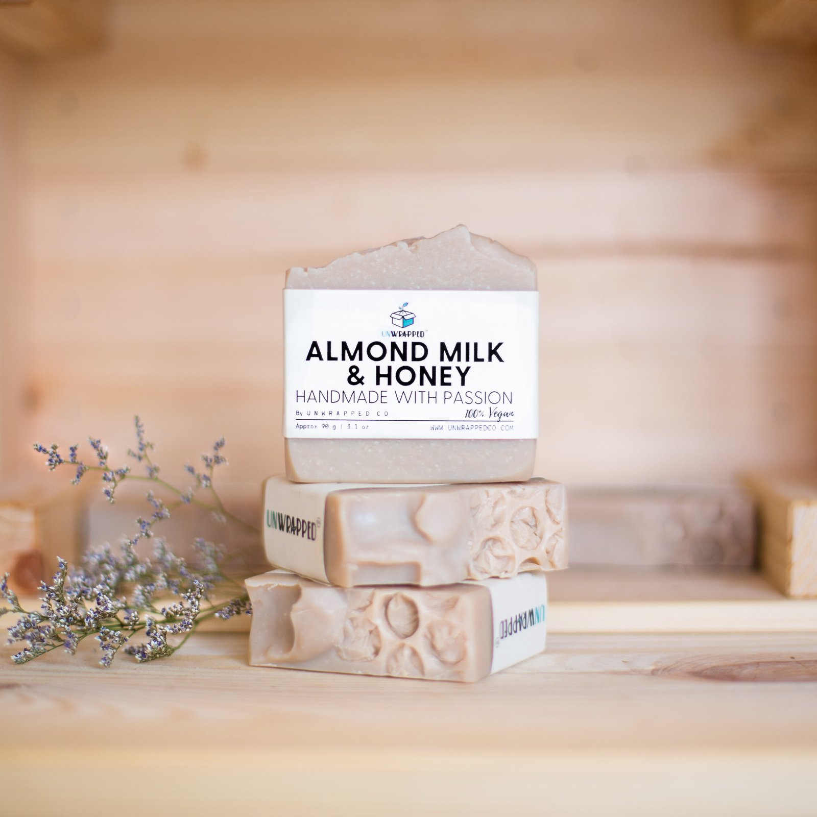 Unwrapped almond milk and honey soap bars