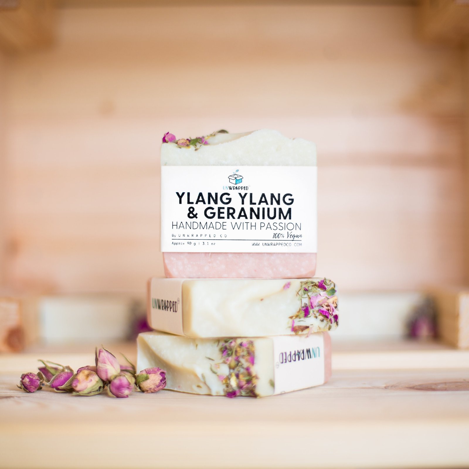 Unwrapped ylang ylang and geranium soap bars