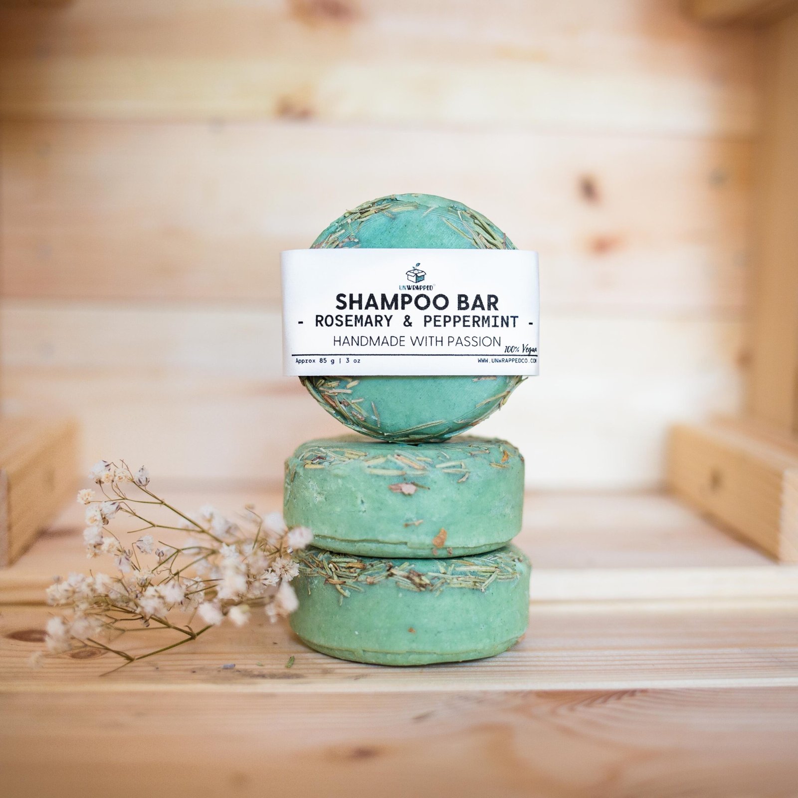 Unwrapped rosemary and peppermint shampoo bar