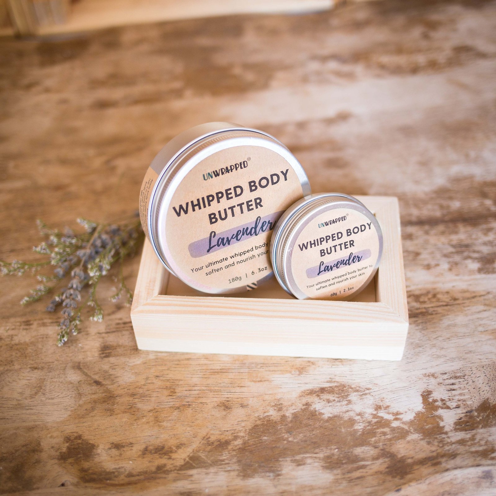 Unwrapped lavender whipped body butter in 60g or 180g