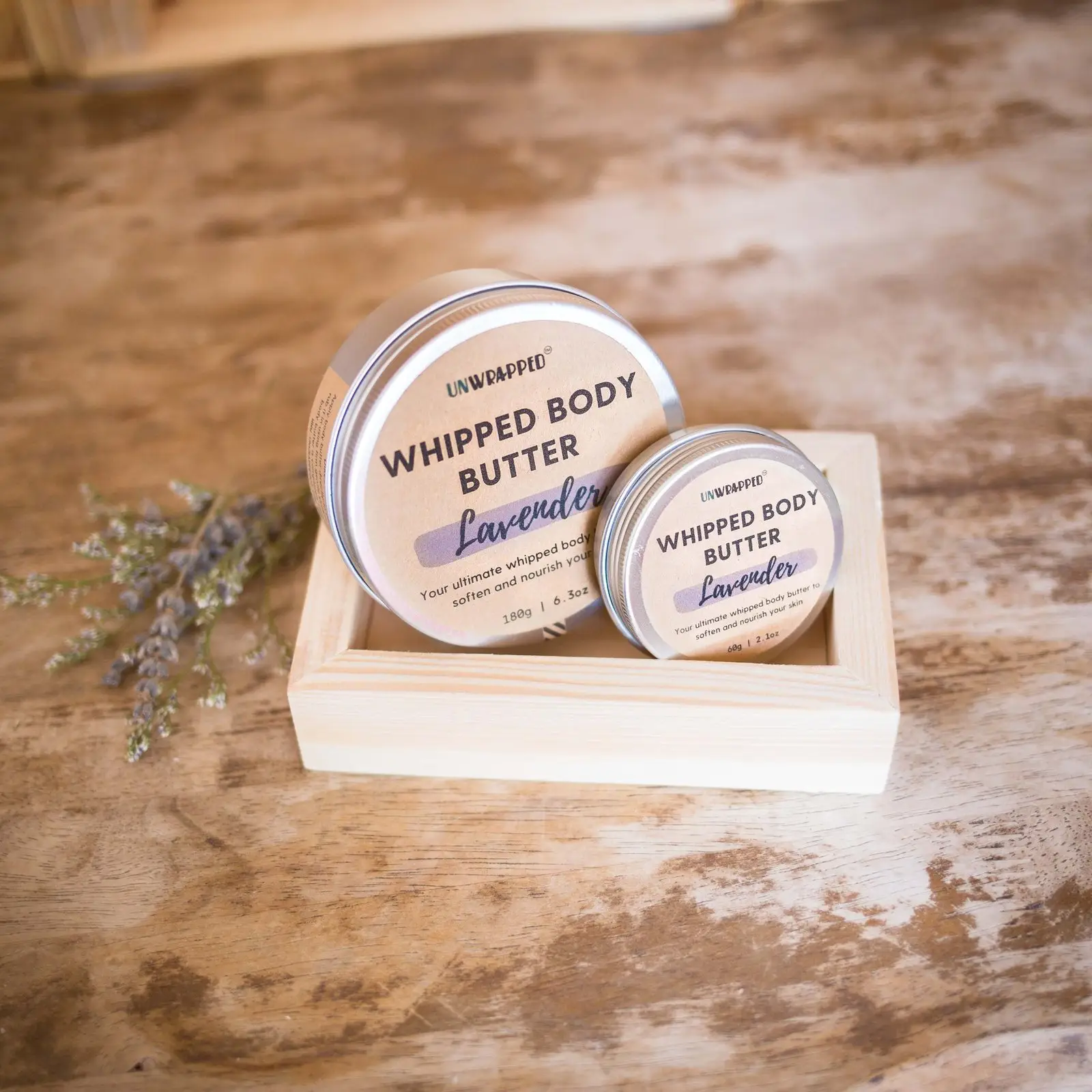 Unwrapped lavender whipped body butter in 60g or 180g