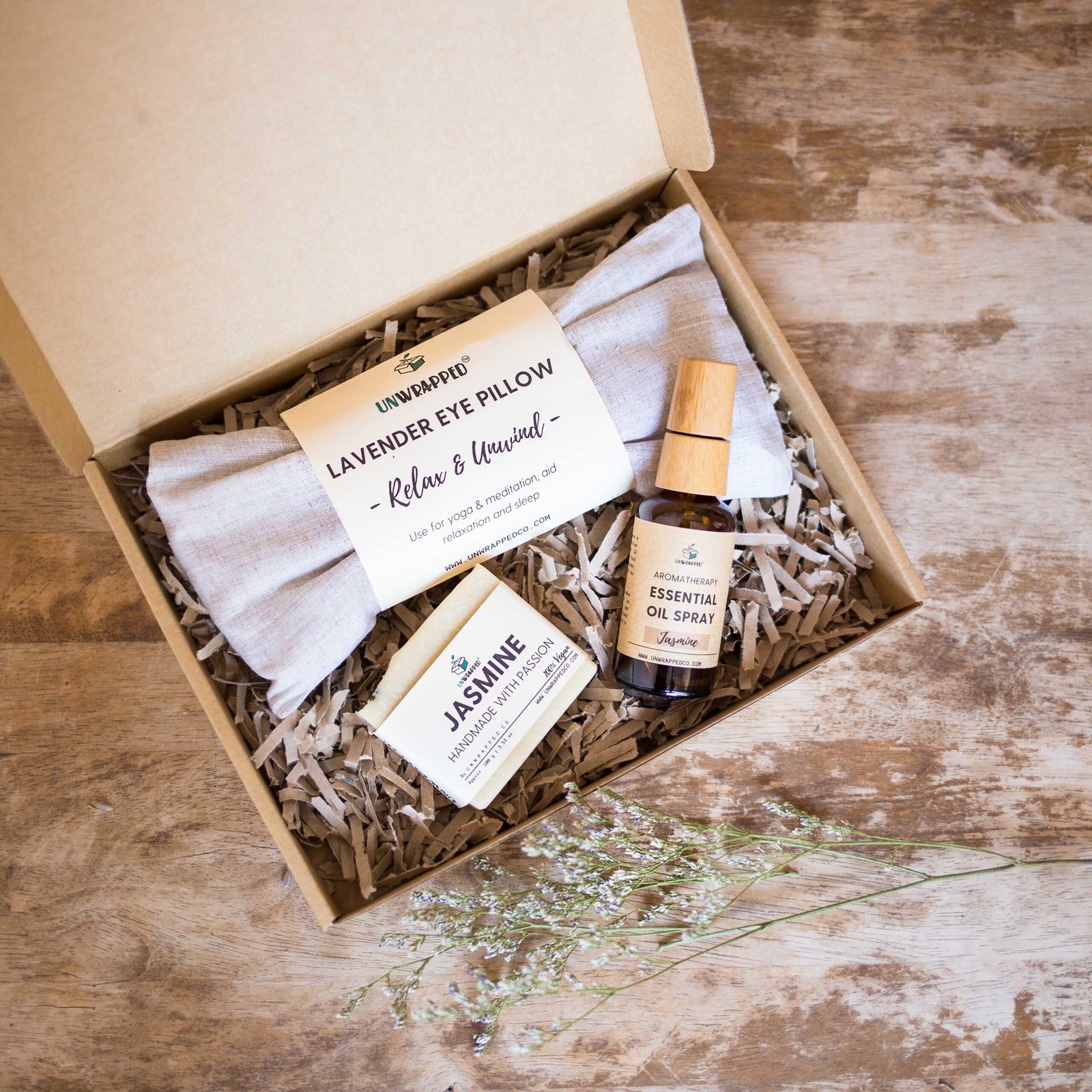 Unwrapped relaxation set with lavender eye pillow, jasmine soap bar and jasmine essential oil spray