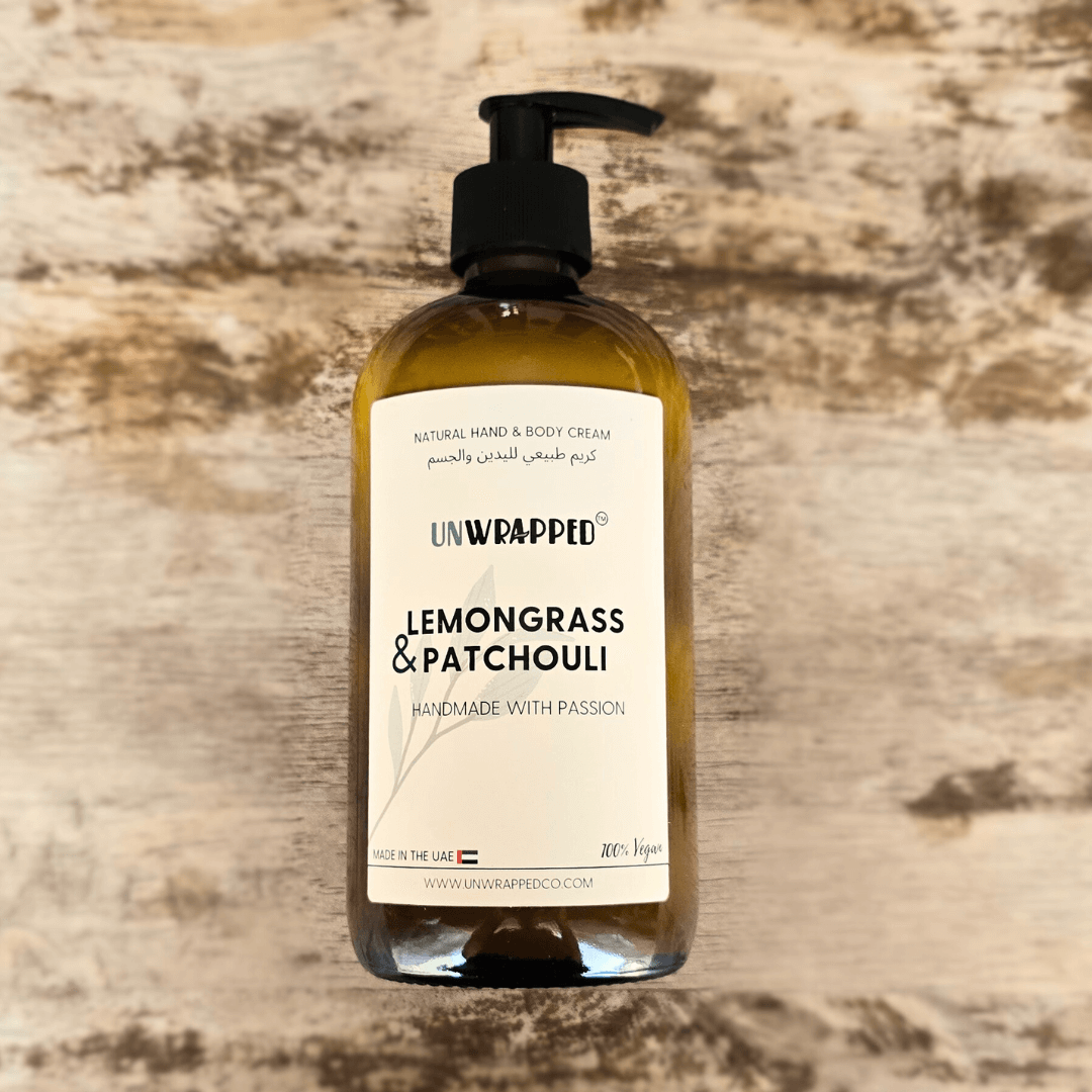 Unwrapped natural hand and body cream in lemongrass and patchouli scent