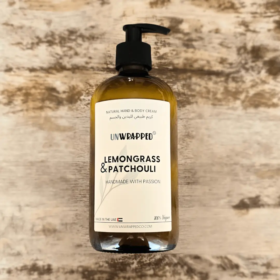 Unwrapped natural hand and body cream in lemongrass and patchouli scent