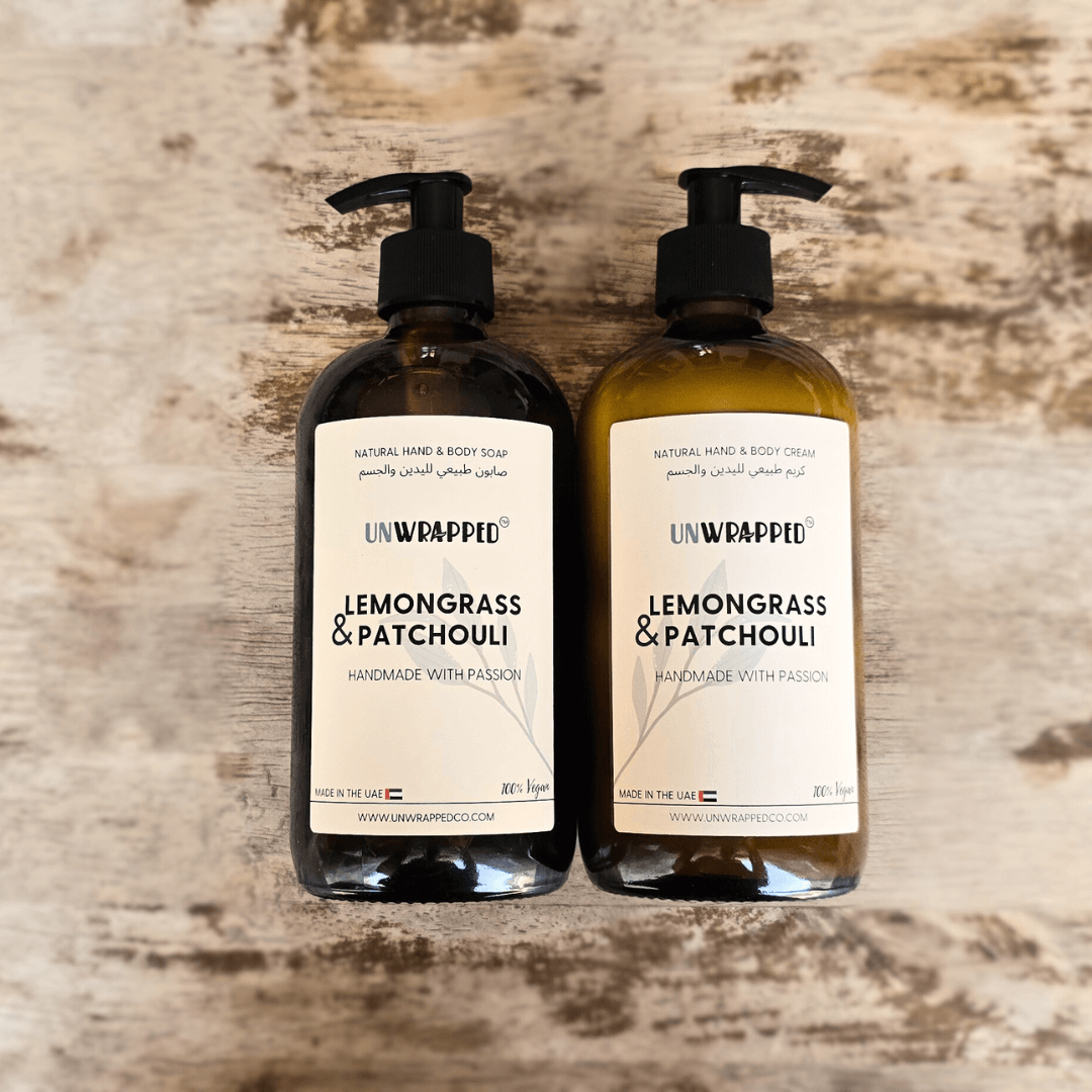 Unwrapped natural hand and body care duo in lemongrass and patchouli scent