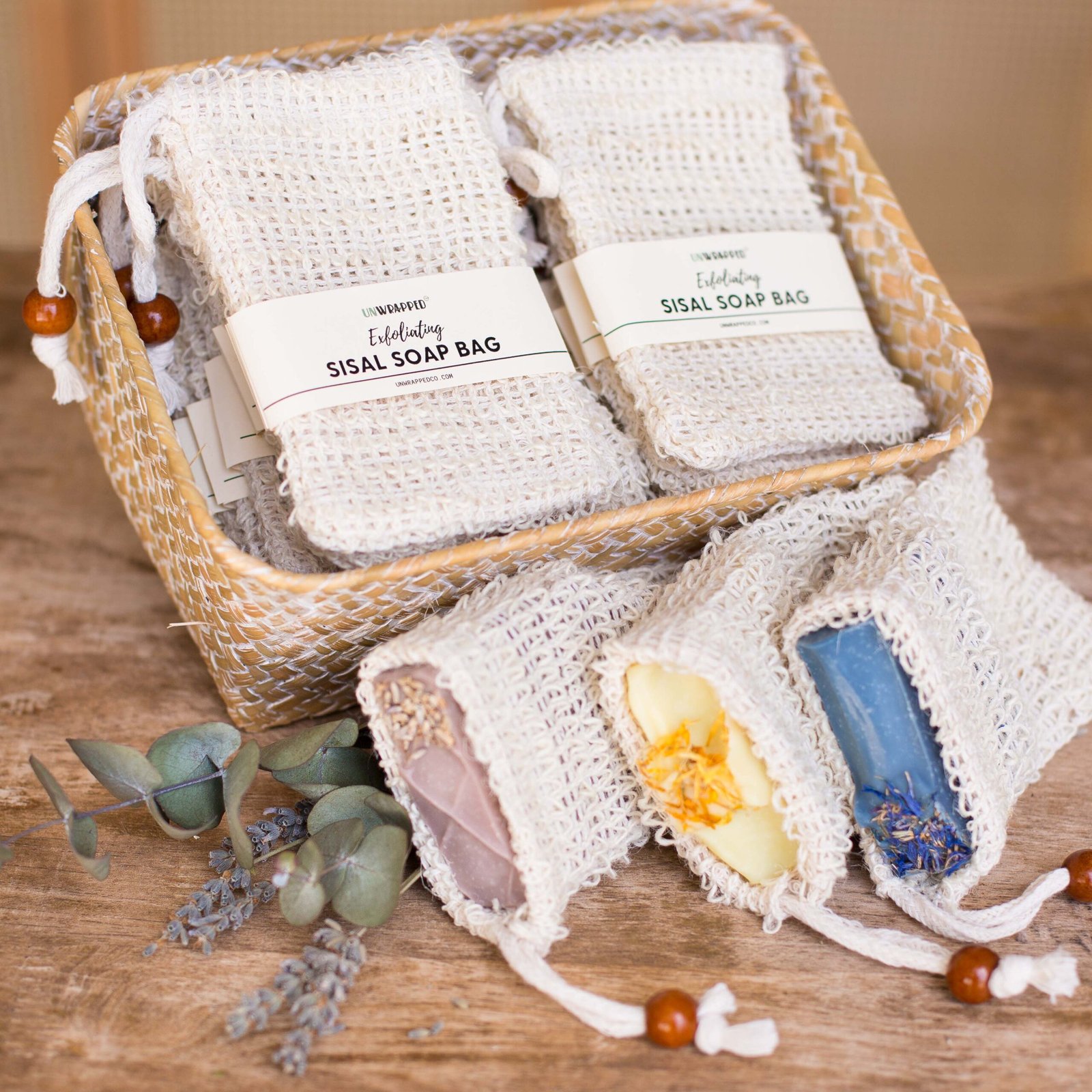Unwrapped sisal soap bag