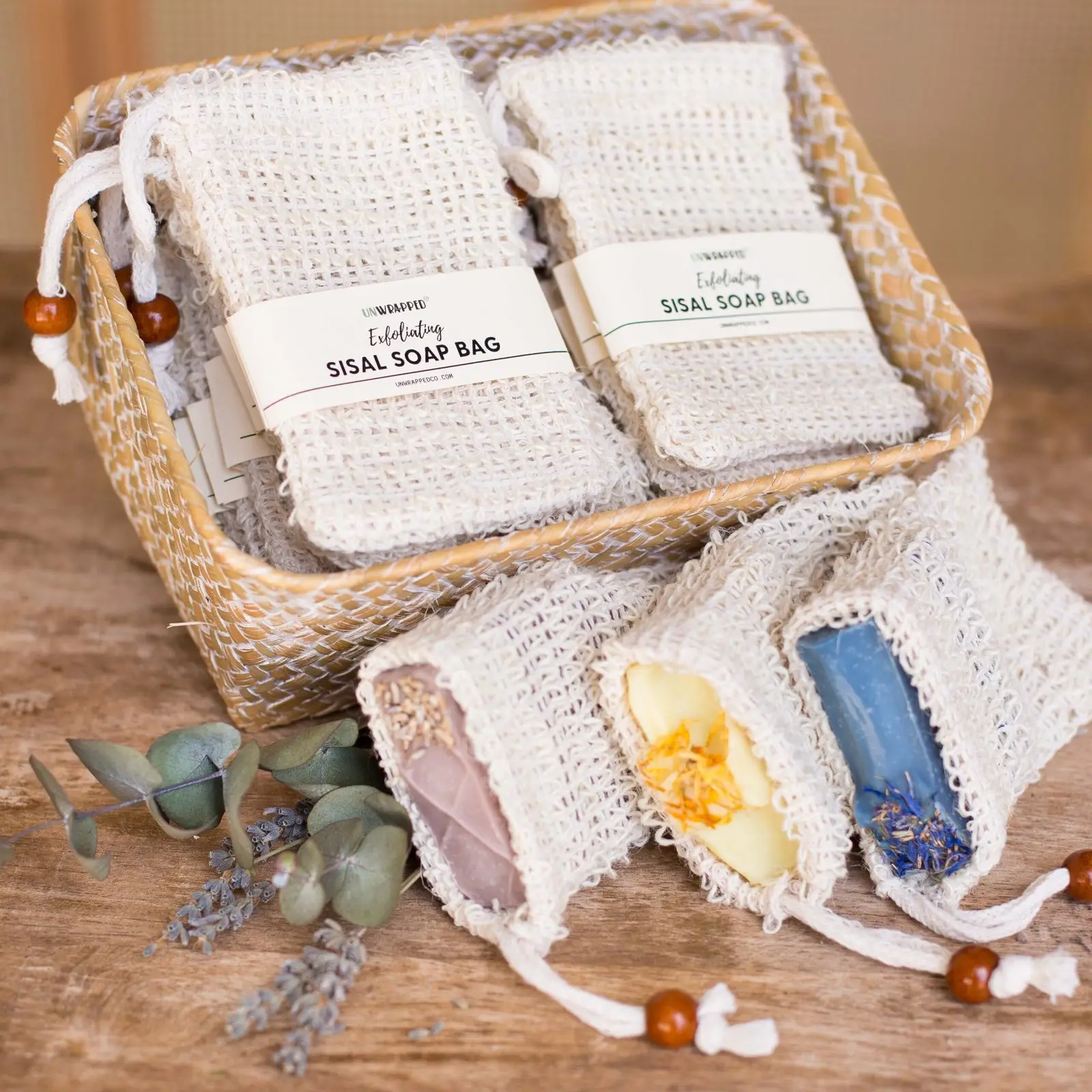 Unwrapped sisal soap bag