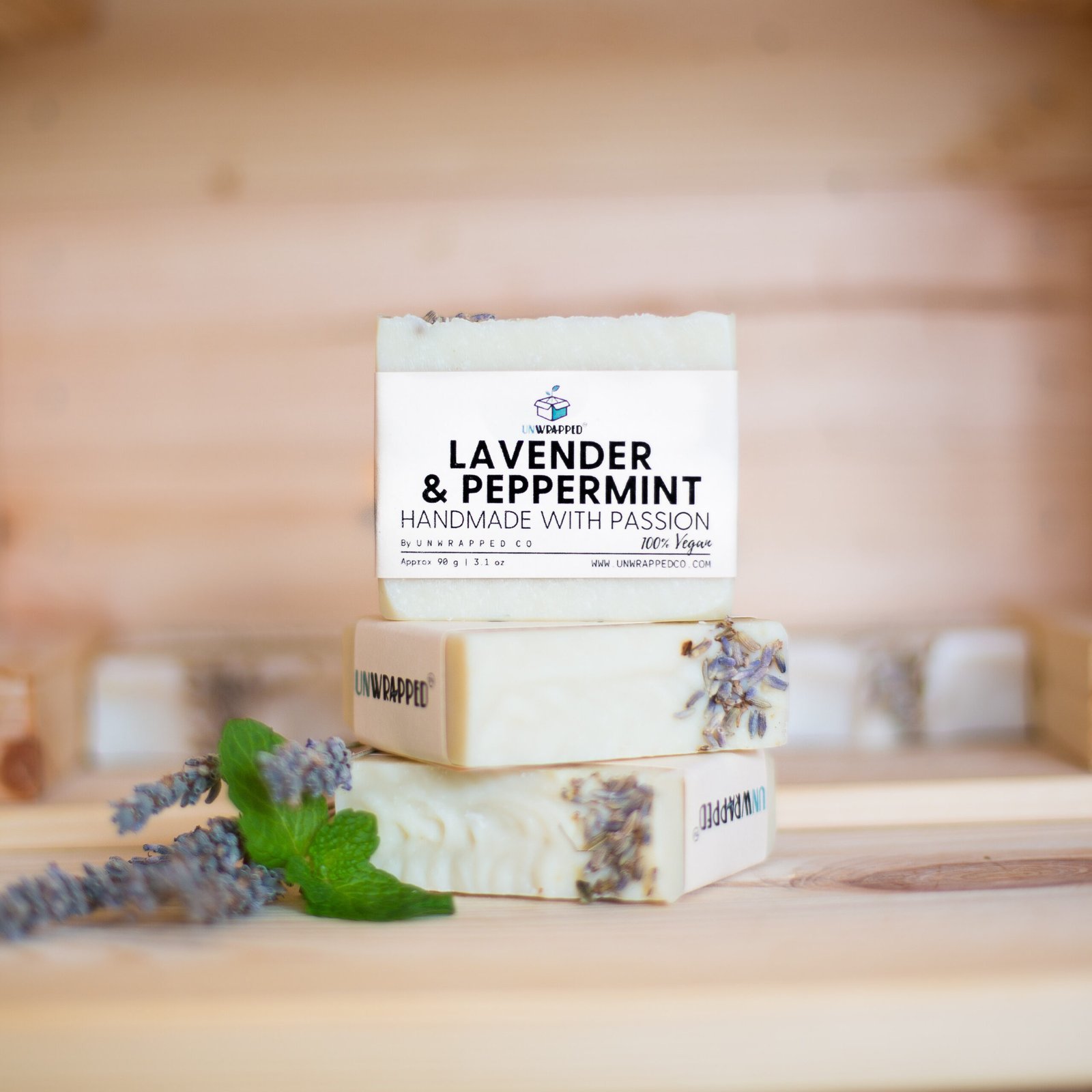 Unwrapped lavender and peppermint soap bars