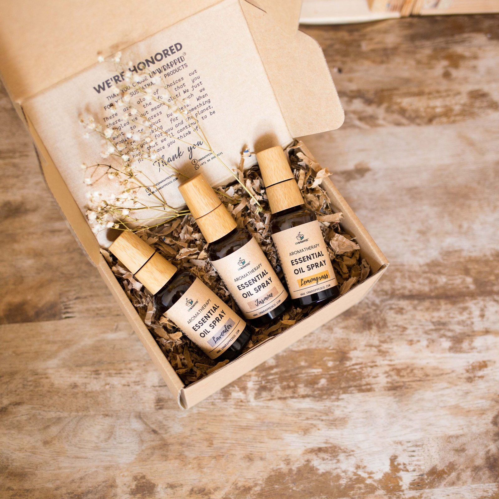 Unwrapped essential oil trio in lavender, jasmine and lemongrass scents