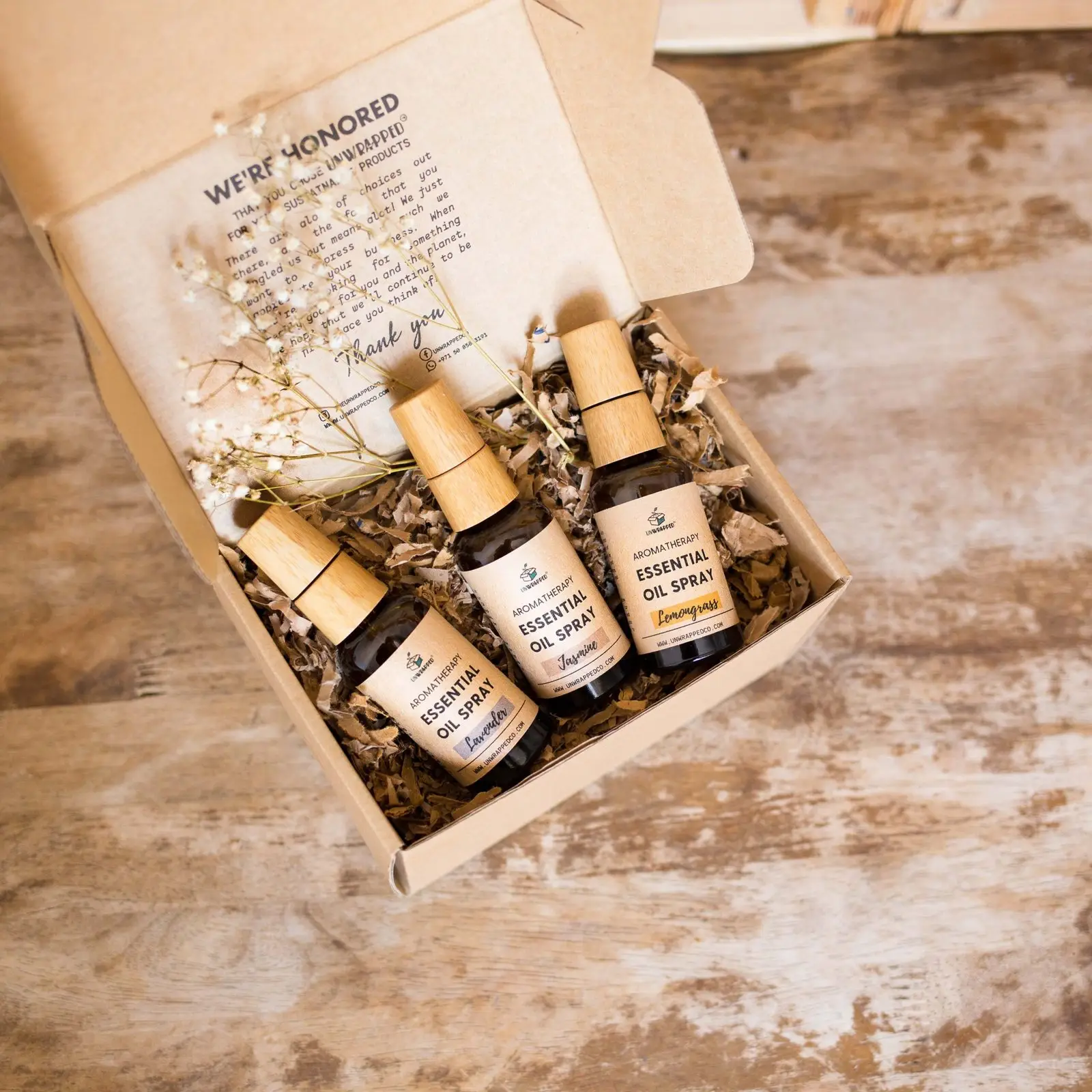 Unwrapped essential oil trio in lavender, jasmine and lemongrass scents