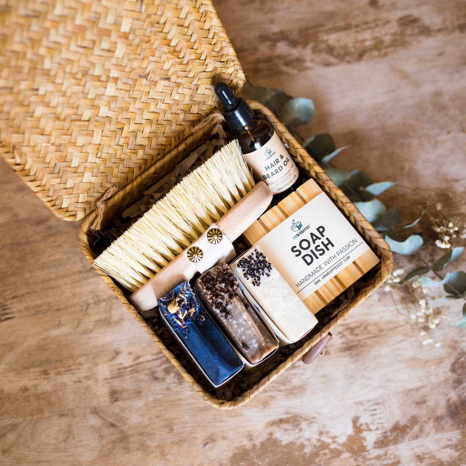 Unwrapped get your glow for him with hair and beard oil, dry brush, soap dish and three soap bars