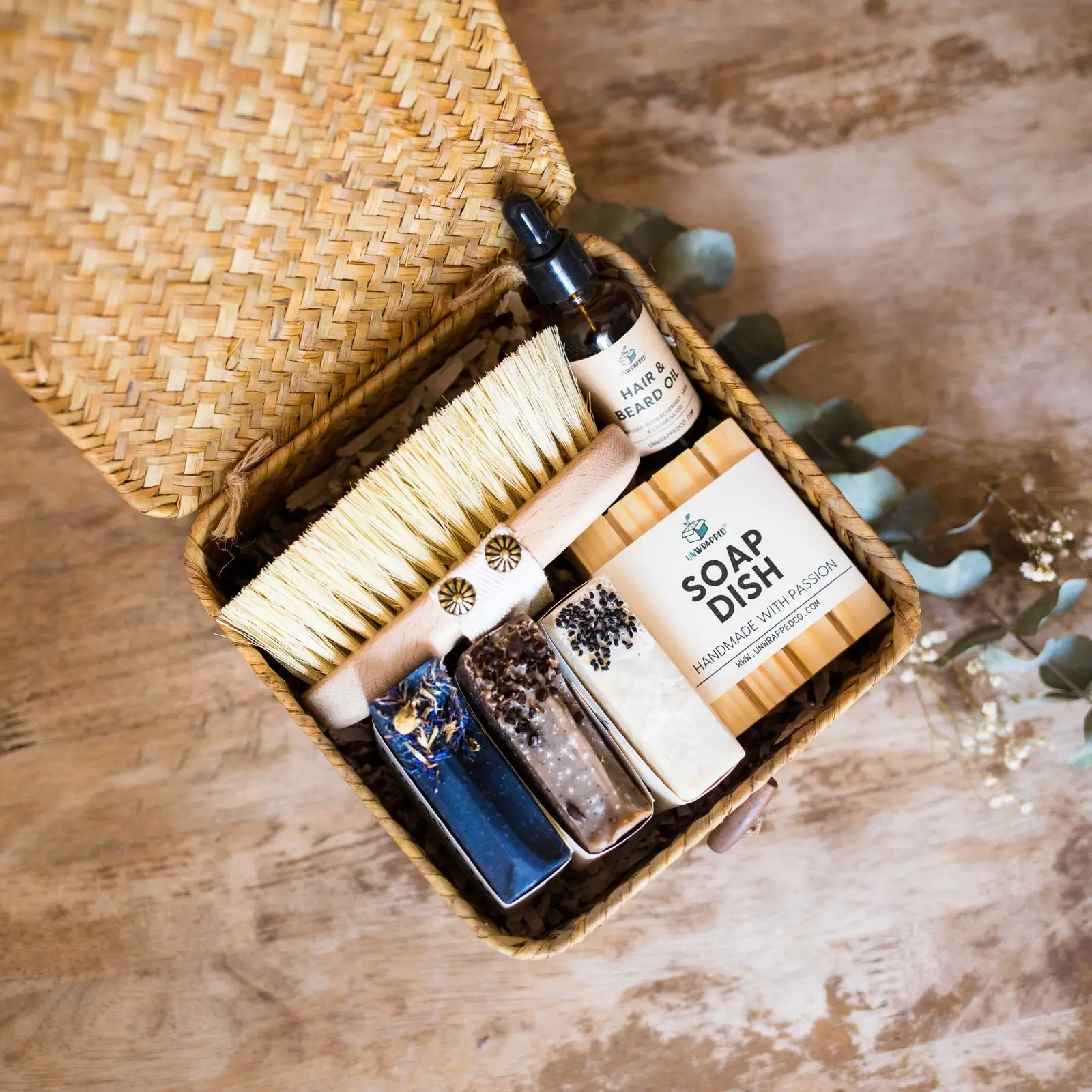 Unwrapped get your glow for him with hair and beard oil, dry brush, soap dish and three soap bars