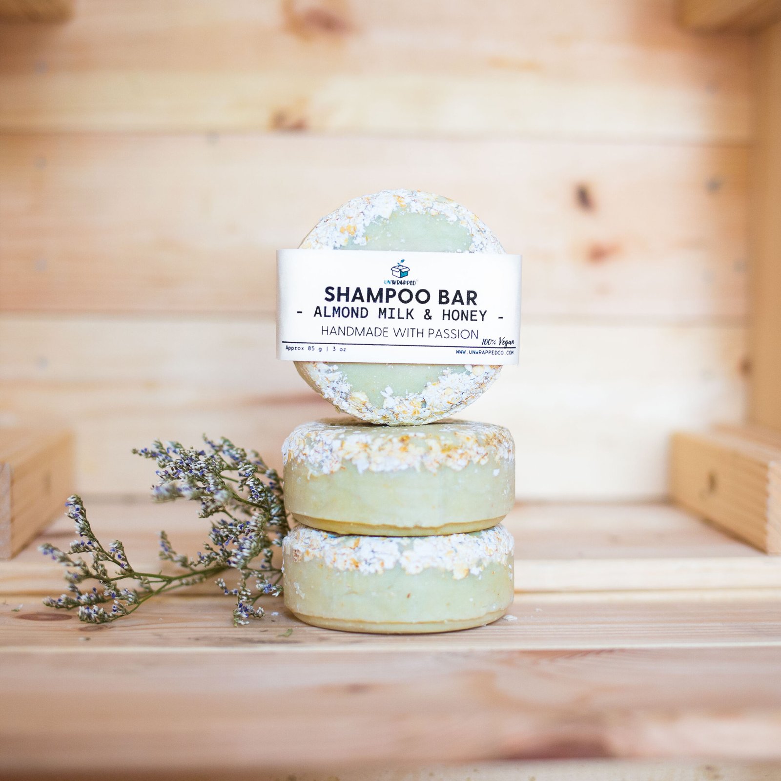 Unwrapped almond milk and honey shampoo bar